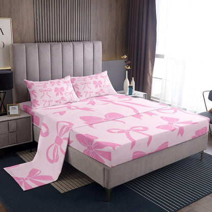 Feelyou Bow Bed Sheets Sets Queen Size Kids Boys Girls Cute Bowknot Bedding Set Pink Peach Bed Sheet Set with 16-Inch Deep Pockets 4Pcs with 2 Pillow Cases