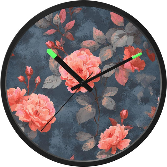 Night Light Wall Clock, Silent Non Ticking Analog Clock with LED Glow, High Transparent Acrylic Round Coral Pink Roses Wall Clocks, Battery Operated (Batteries Not Included)