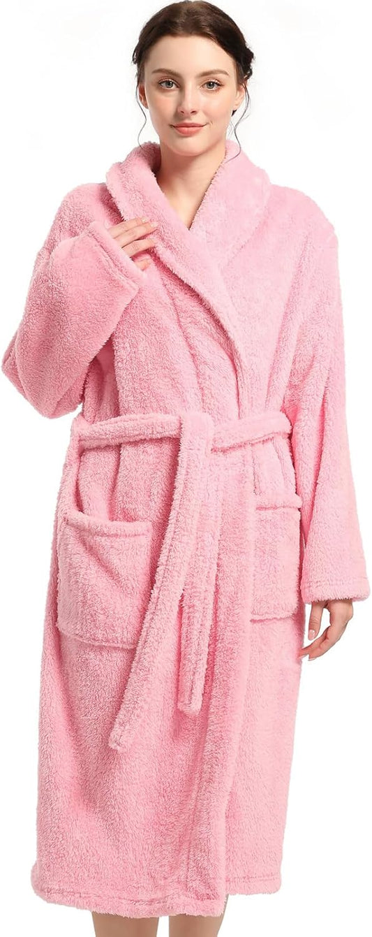 Inner Wish Womens Plush Fleece Robe, Cozy Warm Bathrobe Fuzzy Female Spa Robe With Pockets