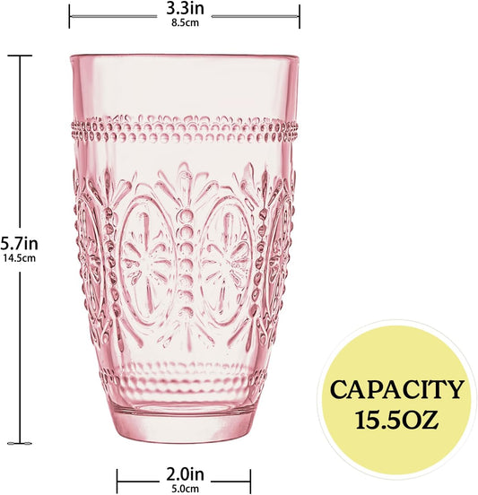 Colored Vintage Drinking Glasses Set of 4, 15.5 oz Romantic Embossed Water Glasses, Colored Tumblers Tempered Glass for Juice, Beverages, Beer, Cocktail (Pink)
