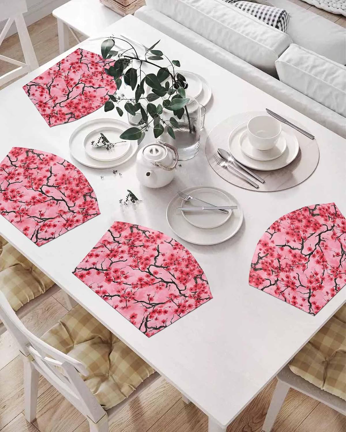 Chinese Flowers Placemats Set of 6 for Dining Table, Woven Round Table Placemats, Spring Pink Peach Blossoms Floral Table Mats Washable Wedge Placemat Indoor/Outdoor Patio Kitchen Décor