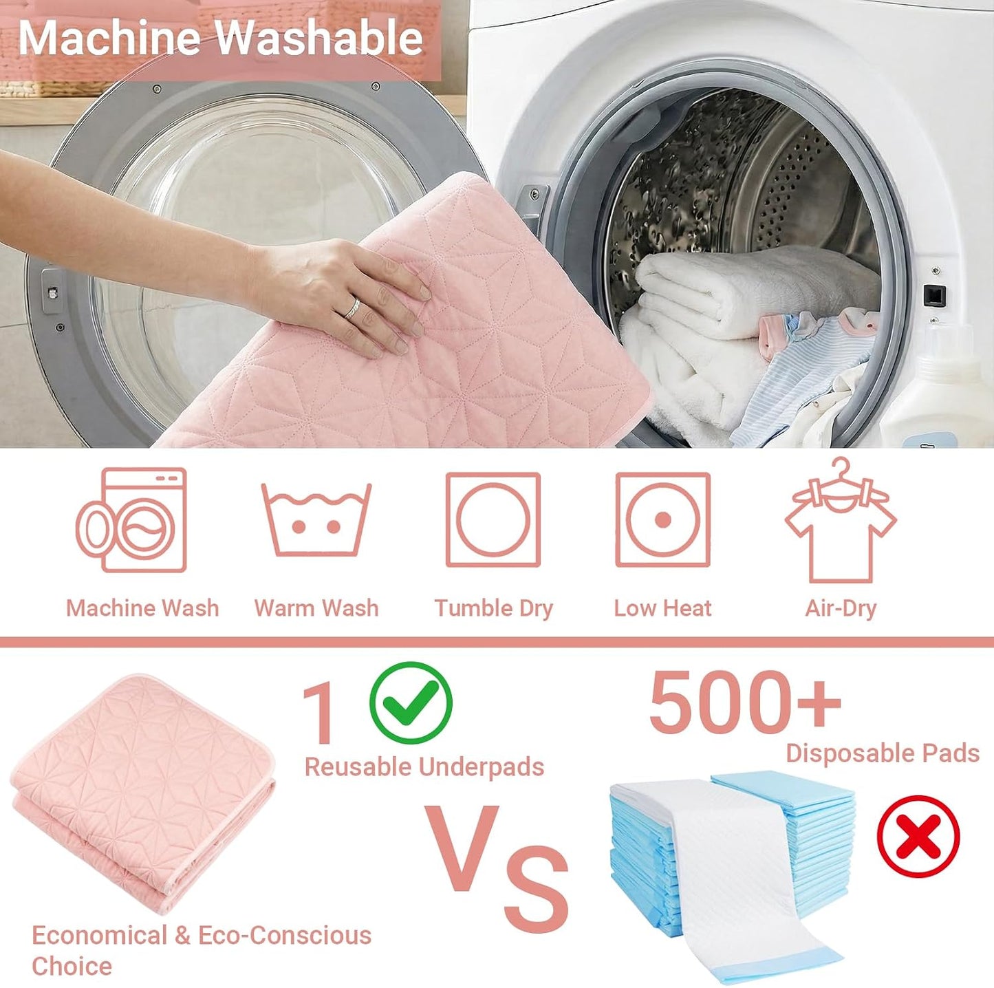 2 Pack Washable Underpads 34"x52", Waterproof Reusable Bed Pads Quilted Absorbency Incontinence Bedwetting Mattress Protector for Sofa & Couch, Perfect for Kids, Adults, Elderly and Pets, Pink