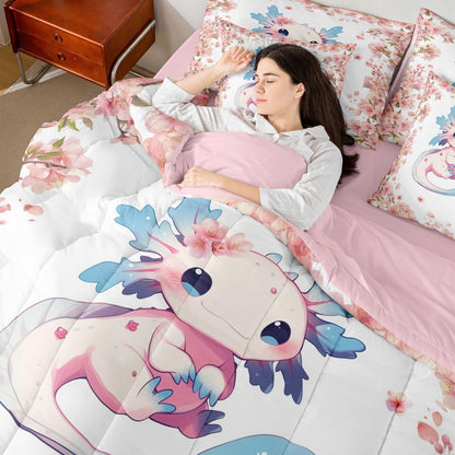 Erosebridal Blue Axolotl 7 Piece Bedding Set Twin Cartoon Salamander Animal Comforter Set with Sheets Peach Blossoms Bed in a Bag Pink Romantic Bed Sets Comforter