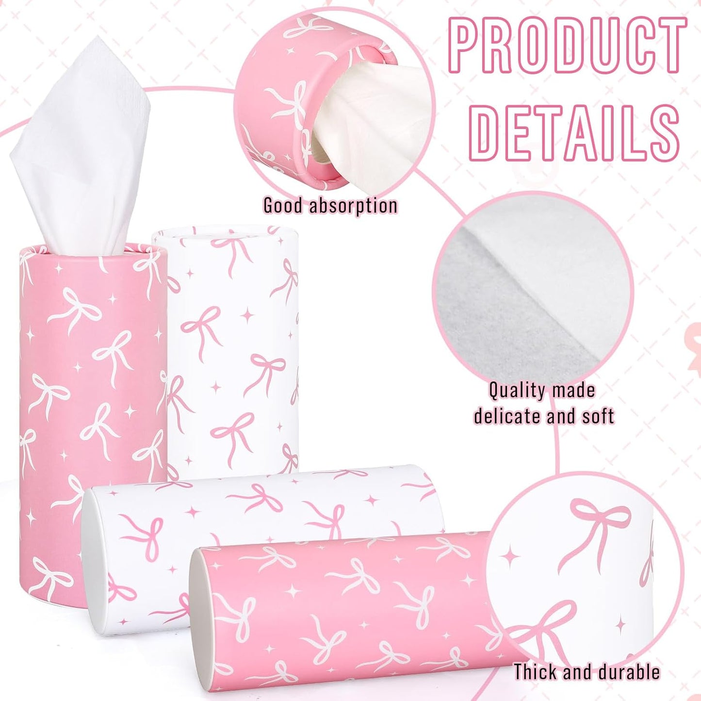 FYSUIMU 8Pcs Pink Bow Car Tissue Holder with Facial Tissue Aesthetic Pink White Bowknot Round Tissue Tubes for Travel Car Cup Holder Home