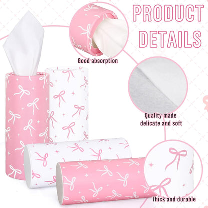 FYSUIMU 8Pcs Pink Bow Car Tissue Holder with Facial Tissue Aesthetic Pink White Bowknot Round Tissue Tubes for Travel Car Cup Holder Home