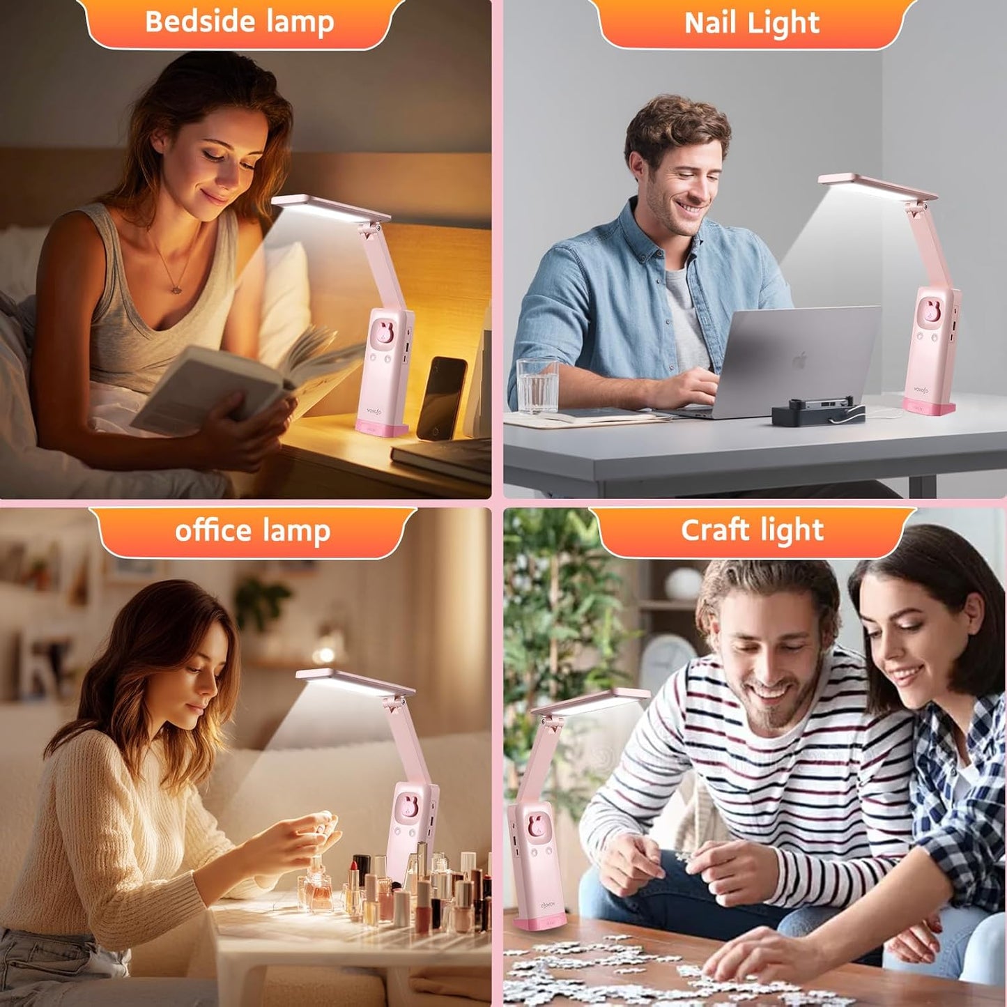 VAVOFO Cute Bunny Desk Lamp, Foldable LED Rechargeable Table Light, Eye-Caring Reading Lamp, 3 Color Modes & Dimmable, for Kids Girls Bedroom Study Dorm Room(Pink)