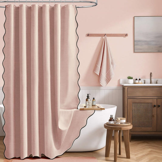 BTTN Long Shower Curtain, 80 Inch Boho Scalloped Linen Textured Heavy Duty Fabric Shower Curtain Set with 12 Hooks, Large Modern Cute Waterproof Cloth Shower Curtain for Bathroom, 72x80, Blush Pink