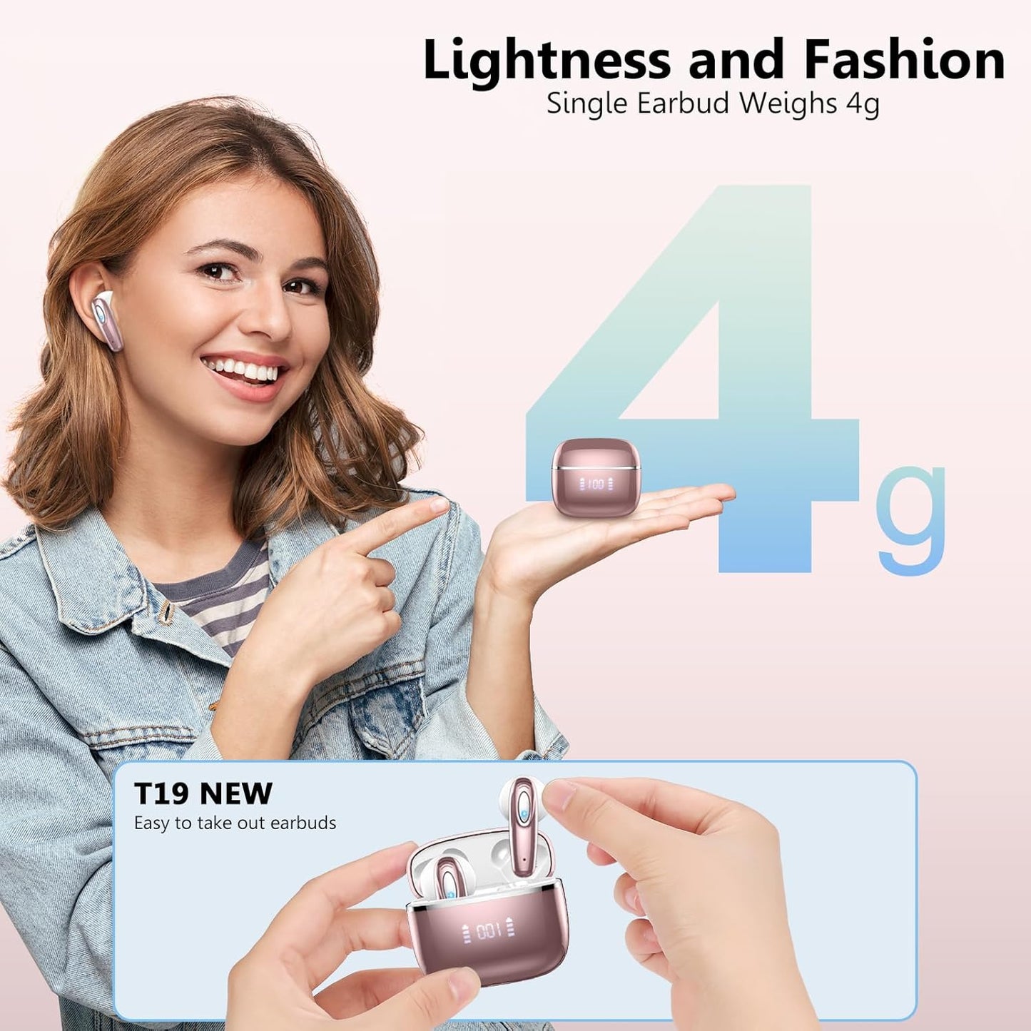 Wireless Earbud, Bluetooth Headphones 5.3 Built in 4 ENC Mic, Stereo Bass Wireless Earphones, 40H Bluetooth Earbud in-Ear LED Display, USB-C, IP7 Waterproof Sports Ear Buds for Android iOS, Rose Gold