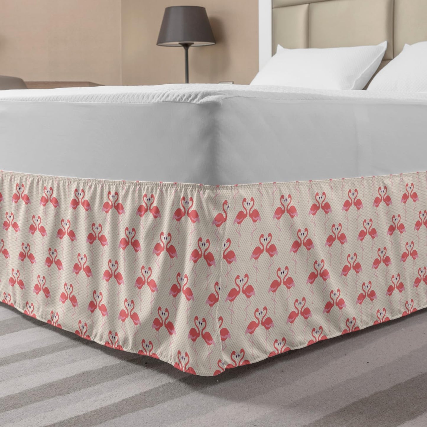 Lunarable Flamingo Bedskirt, Flamingo Couple Heart Shape Polka Dot Background Romantic Design Art, Bedroom Decor Wrap Around Elastic Bed Skirt Gathered Design, King, Cream Pale Pink Peach