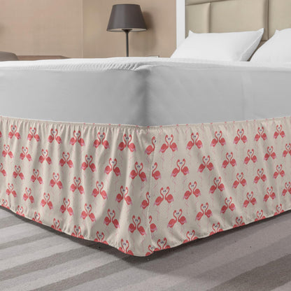 Lunarable Flamingo Bedskirt, Flamingo Couple Heart Shape Polka Dot Background Romantic Design Art, Bedroom Decor Wrap Around Elastic Bed Skirt Gathered Design, King, Cream Pale Pink Peach