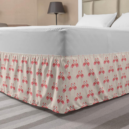 Lunarable Flamingo Bedskirt, Flamingo Couple Heart Shape Polka Dot Background Romantic Design Art, Bedroom Decor Wrap Around Elastic Bed Skirt Gathered Design, King, Cream Pale Pink Peach