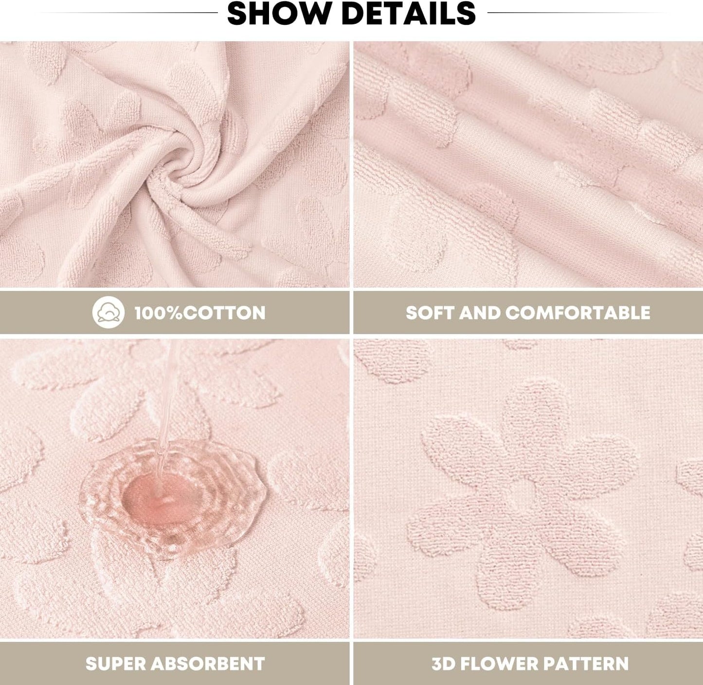 Artoid Mode 2 Pcs Pink 3D Floral Jacquard Spring Hand Towels for Bathroom, 100% Cotton Soft Absorbent Bathroom Decor Towels, 13.7 x 29.5 Inch