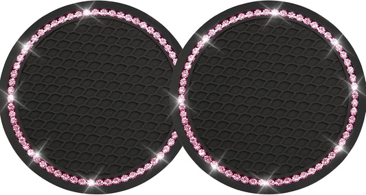 Yousheng 2PCS Bling Car Cup Coaster, Universal Holder Insert Rhinestone Anti Slip Silicone Accessories Suitable for Most Interior, Best Gift Women, Black and Pink