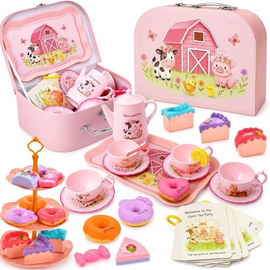 Lajeje Pink Barn Tea Party Set for Little Girls, 47PCS Farm Animal Pretend Play Tea Time Kit, Tea Sets for Toddlers 3-5 with Teapot & Story Cards, Carry Case Girls Birthday Gift, Easter Basket Stuffer