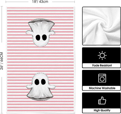 Artoid Mode Pink Stripes Ghost Boo Spooky Halloween Kitchen Towels Dish Towels, 18x26 Inch Bow Knot Decoration Hand Towels Set of 4