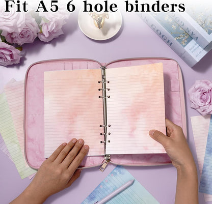 100 Sheets Gradient A5 Refill Papers for Planner Binder Insert with Pink Pu Leather 6 Ring Binder Cover, 120GSM Thick Watercolor Loose Leaf Papers Filler for Notebook Journal Girls Women Graduation