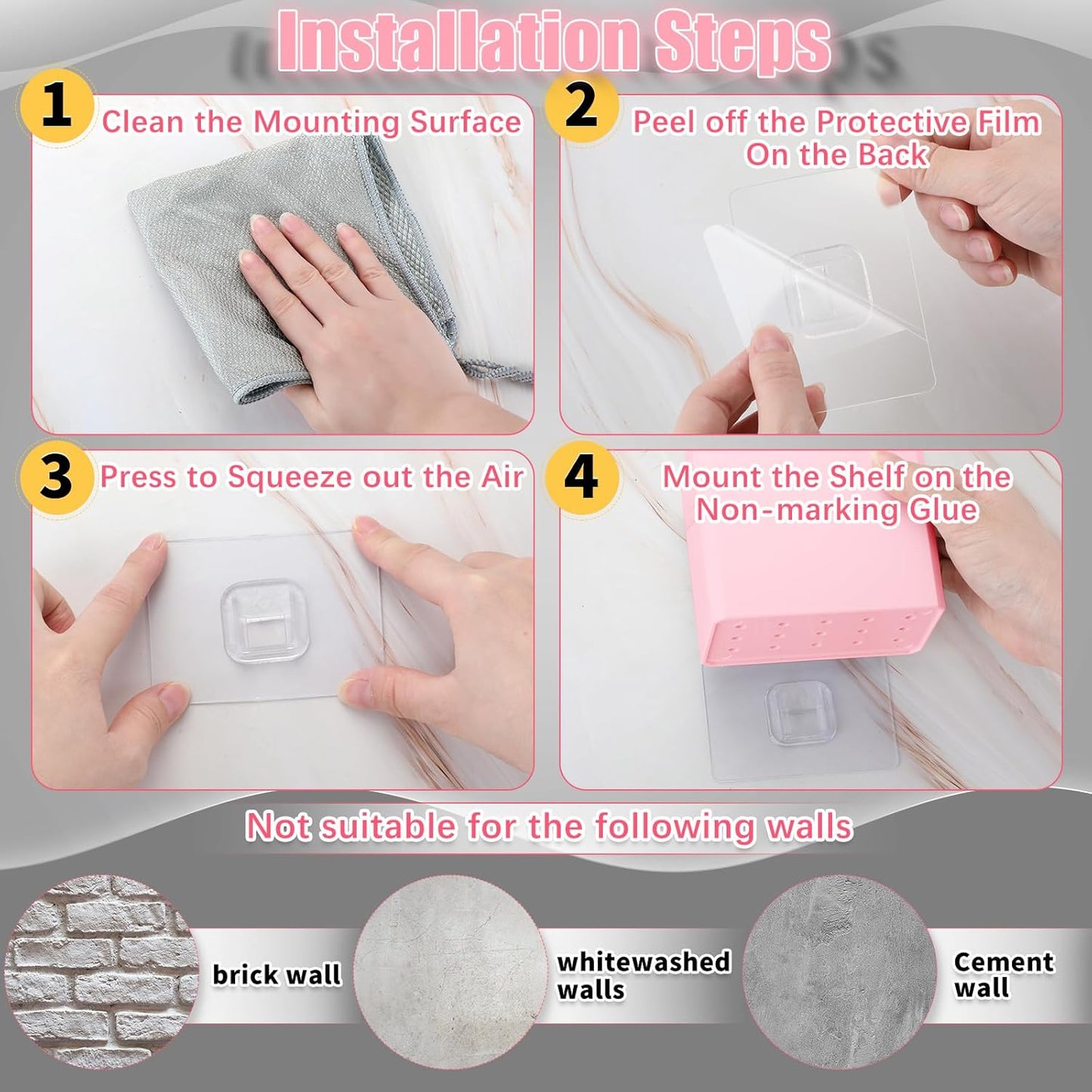 Suclain 4 Pcs Wall Mounted Organizer Non-drilling Adhesive Floating Shelf Wall Bin Organizer Hanging Storage Containers for Bedroom Bathroom Kitchen Office (Pink)