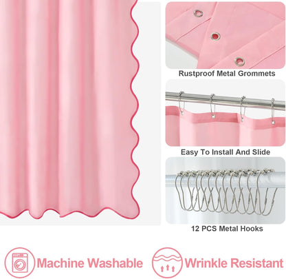 ORTIGIA Pink Scalloped Shower Curtain, Cute Pink Ruffle Shower Curtains Boho Pretty Aesthetic Preppy Waterproof Fabric Girls Bath Bathroom Decor with Metal Hook 72 W x 72 H Inch