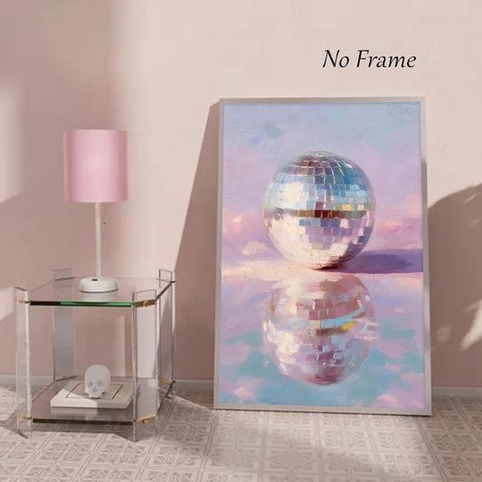 Pink Disco Ball Poster Trendy Soft Pinks Wall Art Vintage Disco Print Pastel Pink Canvas Aesthetic Painting Cute Preppy Picture Girly Aesthetic Wall Art Minimalist Decor Living Room 16x24inch No Frame