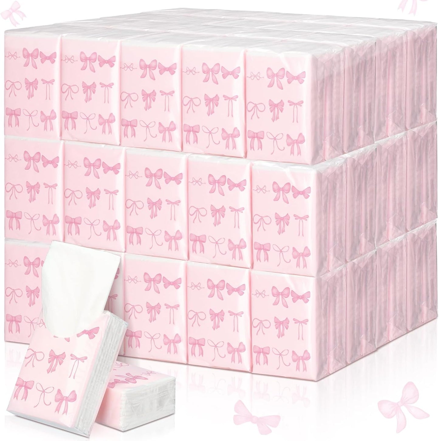 Therwen 50 Pack Pocket Tissues Travel Packs Bulk Weeding Party Favors Individual Small Tissue Packs Pocket Size Facial Hand Towels for Travel Outdoor Car Offices (Pink Bow)