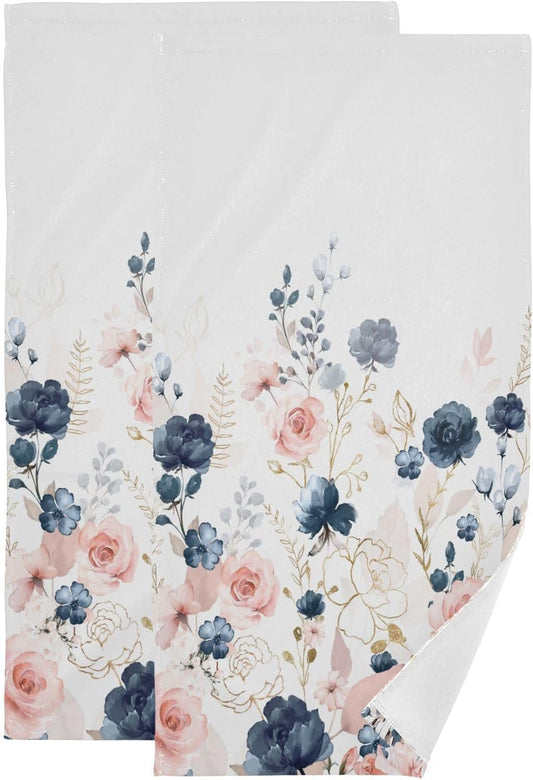 2 Pack Watercolor Rose Floral Hand Towels Soft Absorbent Vintage Elegant Navy Blue Pink Blossom Flower Bathroom Decor 14"x28" Guest Face Bath Towels,Decorative Towels for Bathroom,Kitchen