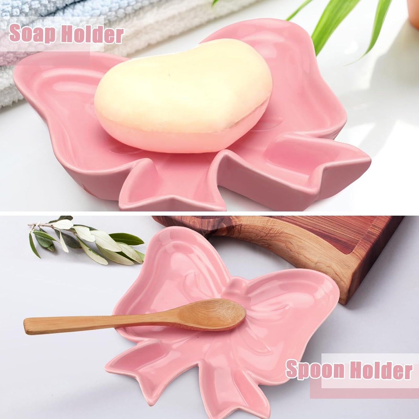 Jinei 2 Pcs Pink Bow Jewelry Dish Set Coquette Ceramic Trinket Tray Ring Jewelry Holders Plate Organizing Necklace Earrings for Pink Room Decoration Aesthetic