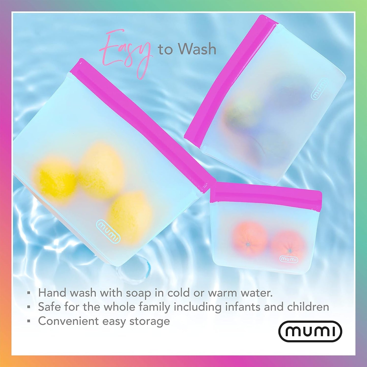MUMI Piccolo Reusable Zip Up Bags – Set of 3 Silicone Ziplock Bag | Reusable Ziploc Bags for Food Storage, Freezer, & Snacks | BPA-Free Airtight Silicone Storage Bag for Travel & Meal Prep - Pink