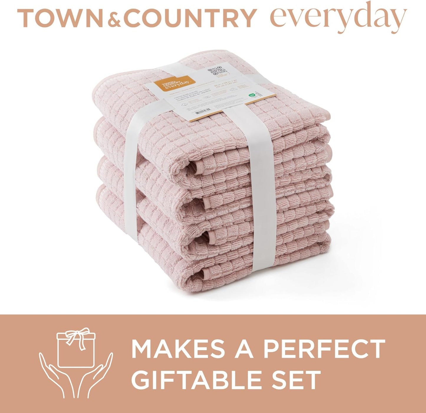 TOWN & COUNTRY EVERYDAY 6-Piece Textured Windowpane Set, 2-Bath Towels, 2-Hand Towels, 2-Washcloths, 100% Cotton, Plush & Absorbent 550GSM, Blush