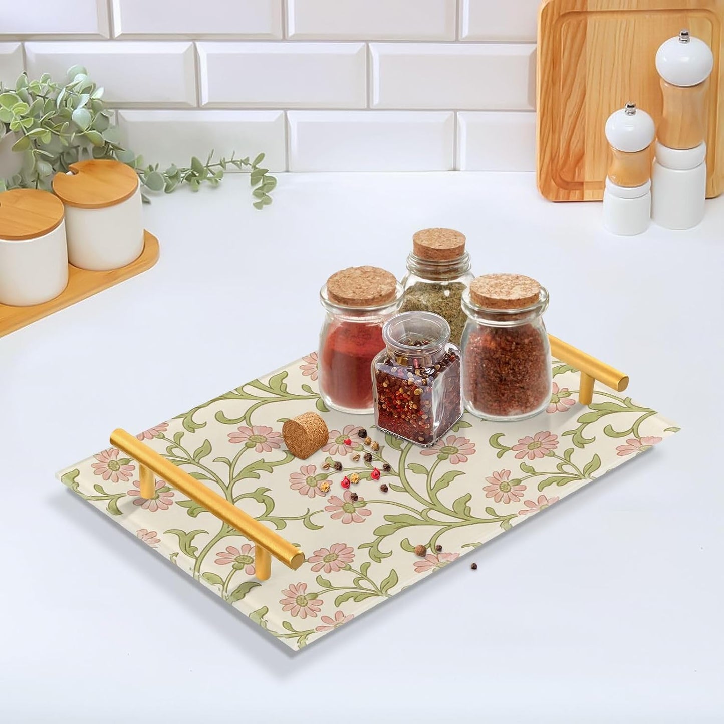 Retro Pink Small Flowers William Morris Decorative Bar Tray with Handles Coffee Table Serving Tray for Jewelry Perfume for Table Serving bandejas decorativas para sala