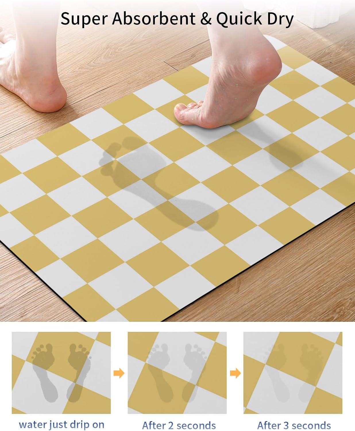 Lemon Yellow Plaid Stone Bath Mat, Modern Checkerboard Plaid Repeating Pattern 20" x 32" Super Absorbent, Dries Quickly, Non-Slip Diatomaceous Earth Bath Mats for Bathroom Kitchen Laundry