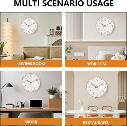 Silent Wall Clocks Battery Operated 8 Inch, Analog Wall Clock with Oversized Number Tempered Glass Clock Face, Rose Gold Quartz Non Ticking Wall Clocks for Living Room Bedroom Kitchen Office