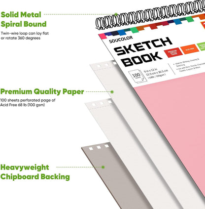 Soucolor Cute Sketch Book 9" x 12" for Teen Girls,Sketchbook 100 Sheets Spiral Notebook Drawing Pad, Pastel School Supplies for Artists, Arts and Crafts Gifts Set for Kids,Women