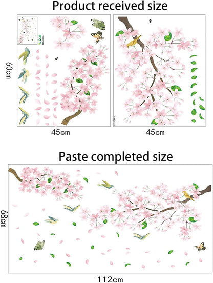 Peach Blossom Flower Wall Decals Pink Floral Bird Tree Branch Wall Sticker Creative Peel and Stick Removable Wall Art Decor for Living Room Bedroom Home Office (PeachBlossom)