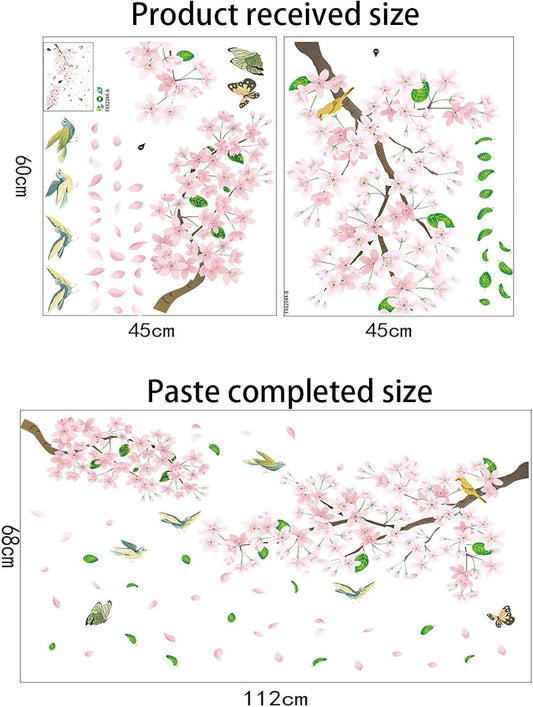Peach Blossom Flower Wall Decals Pink Floral Bird Tree Branch Wall Sticker Creative Peel and Stick Removable Wall Art Decor for Living Room Bedroom Home Office (PeachBlossom)