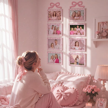 Novabright 2 Sets 4 x 6 Pink Bow Collage Picture Frames Wall Hanging with 8 Openings Coquette Pink Wooden Collage Photo Frames Wall Mounted Preppy Aesthetic Room Decor for Women Bedroom Living Room