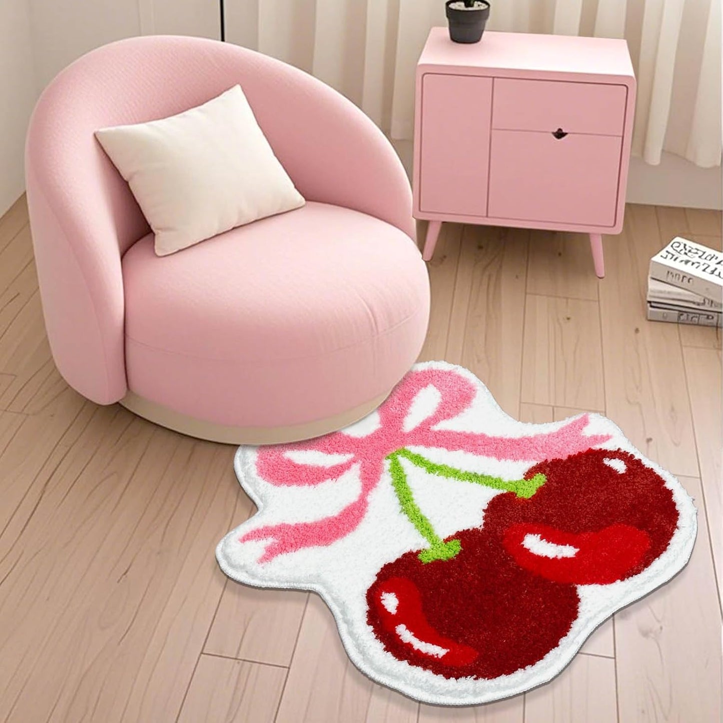 Mocsicka Cherry Bow Bathroom Rug Cute Cherry Pink Bow Bath Mat Super Soft Absorbent Rugs Non Slip Bath Mat Machine Washable Rug for Bathroom Home Decor 19.5x21.5 inches