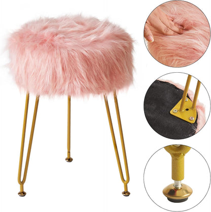 IBUYKE Faux Fur Vanity Stool Chair, Furry Makeup Stool Ottoman, Soft Padded Seat, Round Footrest Footstools with 4 Metal Legs, for Living Room Bedroom Entryway, Pink LG-32P