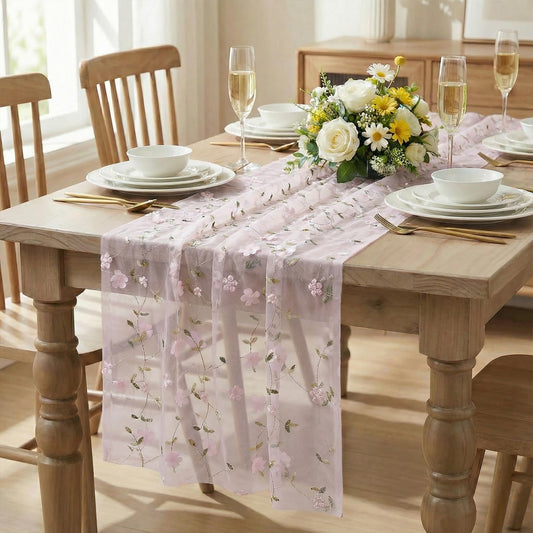 Artoid Mode 3D Flower Pink Gauze Embroidery Table Runner 120 Inch 10FT, Tulle Seasonal Spring Kitchen Dining Holiday Table Decor for Home Party