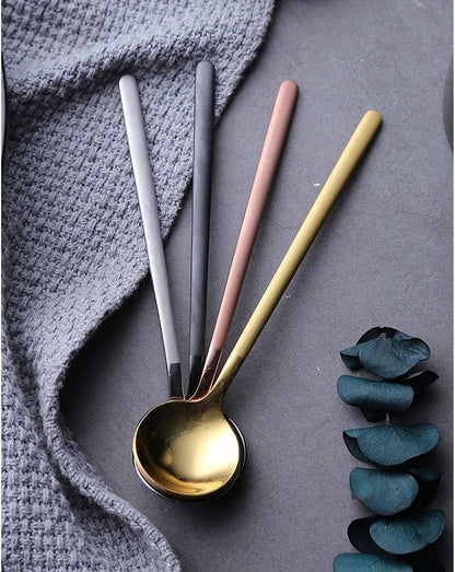Serving Spoons Creative Metal Coffee Spoon Stainless Steel Dessert Small Round Golden Stirring Family Use Soup 4 Pieces(Pink)