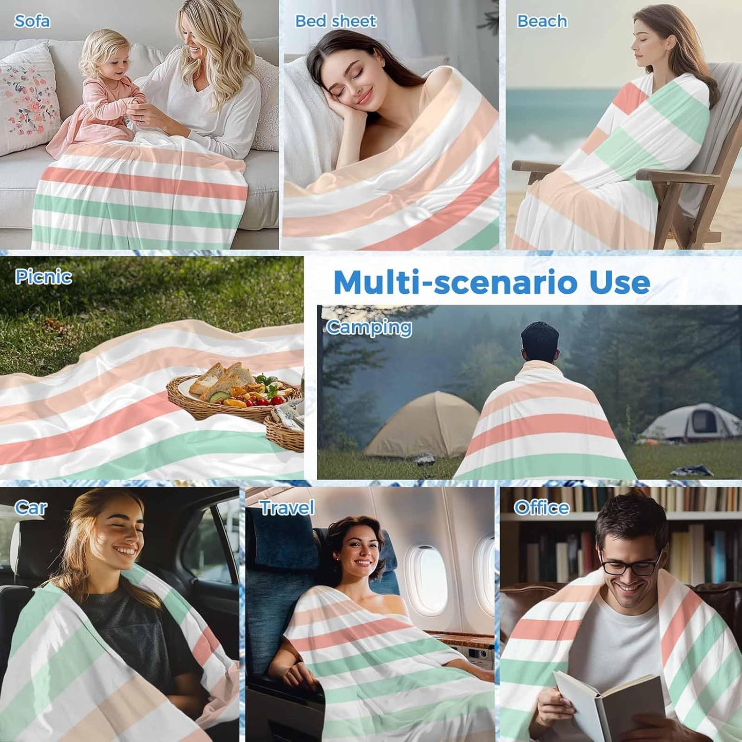 Cooling Throw Blanket for Hot Sleepers, Peach Pink Green Ombre Lightweight Breathable Summer Blanket, Farmhouse Stripe Modern Double-Side Cool Throw Blankets for Sleeping Travel, 30"x40"