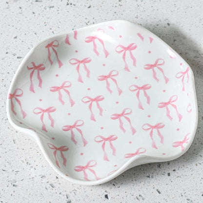 Teenyyou Bow Spoon Rest for Kitchen Counter, Cute Ceramic Cooking Spoon Holder for Stove Top, Large Utensil Spatula Rest Tray Kitchen Gadgets Gift Housewarmings, 5.2 Inch(Pink Bow)