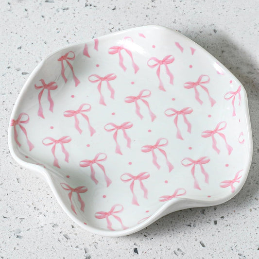 Teenyyou Bow Spoon Rest for Kitchen Counter, Cute Ceramic Cooking Spoon Holder for Stove Top, Large Utensil Spatula Rest Tray Kitchen Gadgets Gift Housewarmings, 5.2 Inch(Pink Bow)