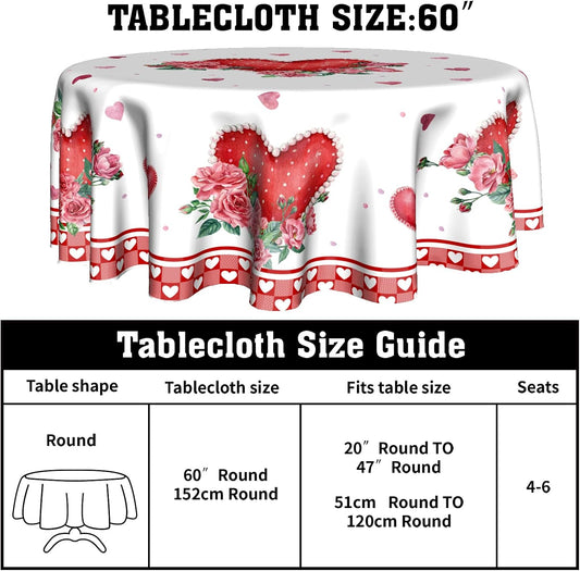 Giwawa Valentines Day Round Tablecloth 60 Inch, Red Pink Hearts Rose Flower Circular Table Cloth with Check Plaid, Mothers Day Love Table Cover for Kitchen Dining Anniversary Decor
