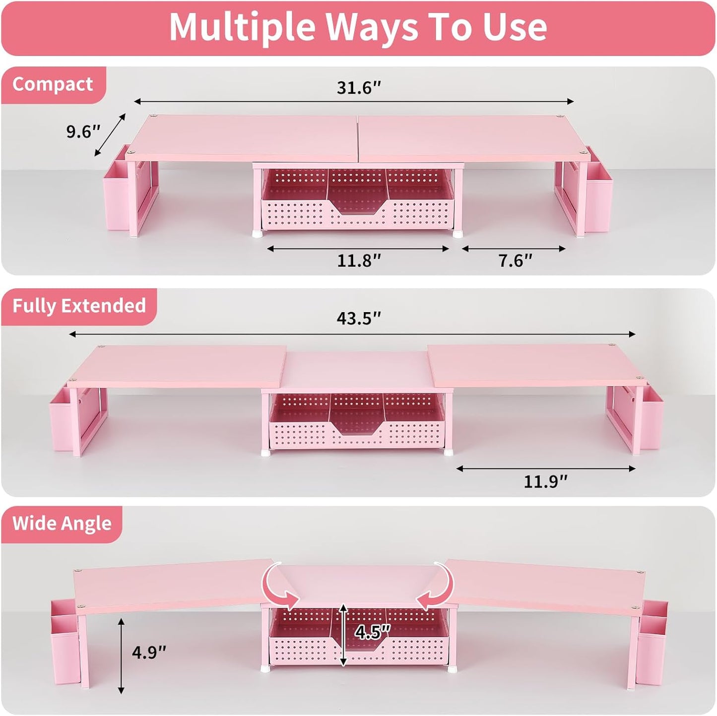 OPNICE Desk Organizers and Accessories, Dual Monitor Stand Riser with Drawer and 2 Pen Holders, Desk Shelf Wood Computer Racks for Office Workspace Organizers, Desktop Organization (Pink Wood)