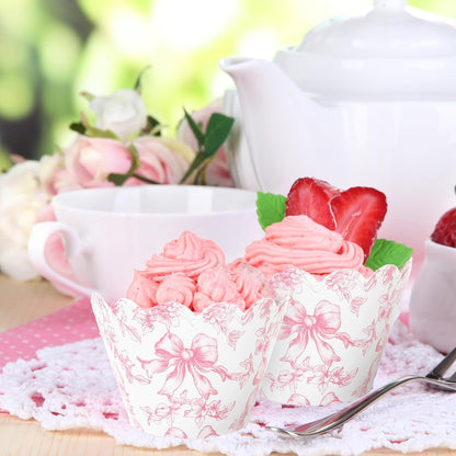 Whaline 48Pcs Pink Floral Bow Cupcake Wrappers Paper Cupcake Liners Chinoiserie Flower Bow Decorative Dessert Holders for Birthday Baby Shower Wedding Party Supplies