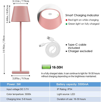 2-Pack LED Cordless Table Lamp, Rechargeable Battery Desk lamp 3W 5000mAh Battery Operated Stepless Dimming Modern Portable Table Light for Restaurant/Bedroom/Outdoor IP54 Waterproof (Pink)