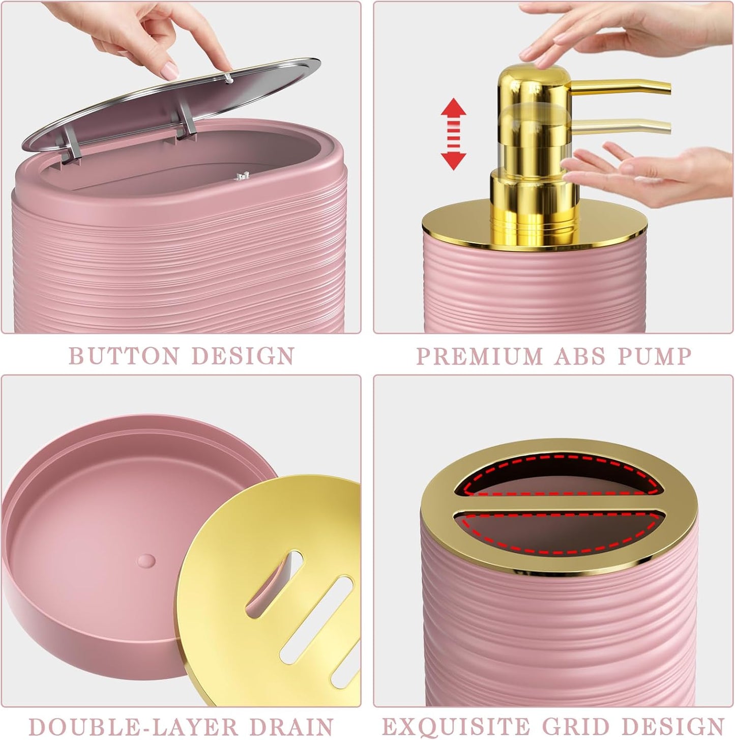 Bathroom Set, 10PC Bathroom Accessory Set, Pink Bathroom Accessories, Pink and Gold Bathroom Set with Trash Can, Soap Dispensers