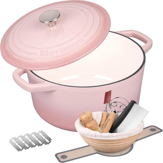 VORRINGARD Enameled Cast Iron Dutch Oven Pot with Lid, for Bread Baking, Round Bread Oven- include Sourdough Bread Baking Supplies Set, 6QT, Pink