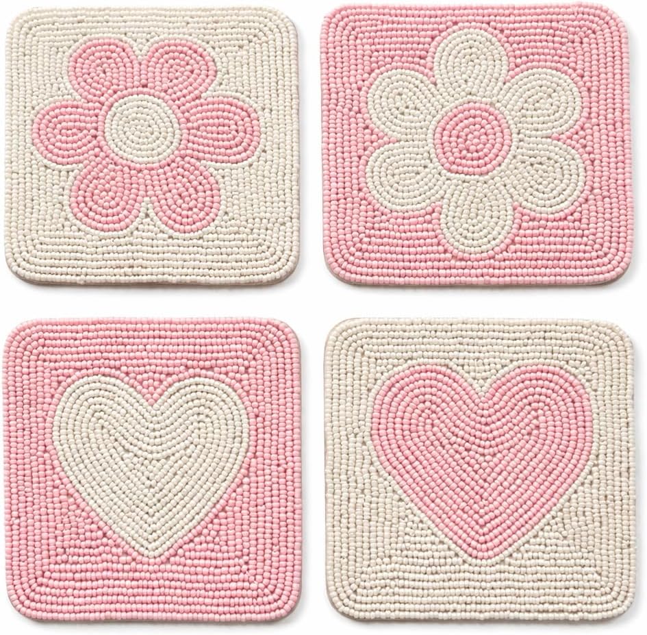 Handmade Beaded Coasters Set of 4, Handmade Boho Coasters for Drinks, Coffee Table Coasters, Cup & Drink Coasters, Pink Coaster Set, Pink Decor for Table, Gift for Her, Housewarming Gift Idea