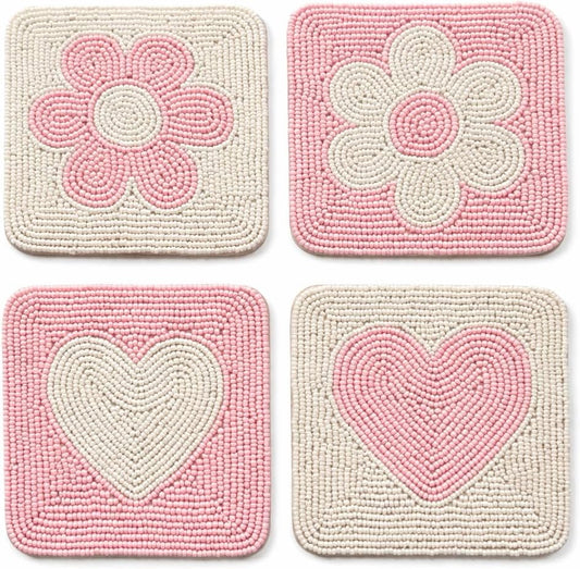 Handmade Beaded Coasters Set of 4, Handmade Boho Coasters for Drinks, Coffee Table Coasters, Cup & Drink Coasters, Pink Coaster Set, Pink Decor for Table, Gift for Her, Housewarming Gift Idea